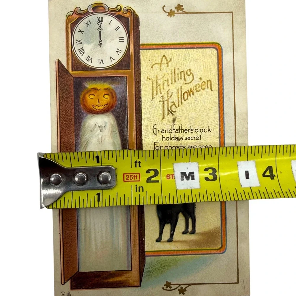 Vintage Halloween Postcard Black Cat Pumpkin Ghost Grandfather Clock Fair Used